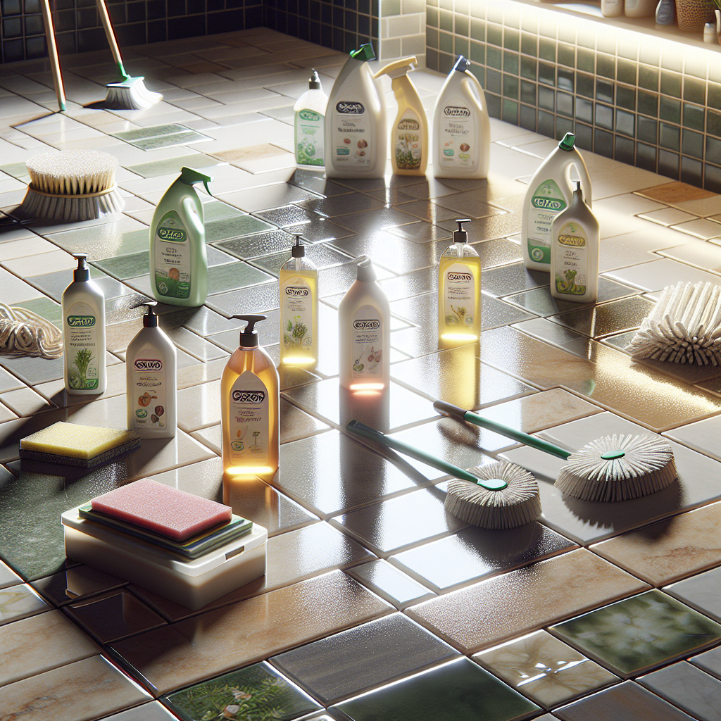A pristine floor with shiny tiles and cleaning supplies.