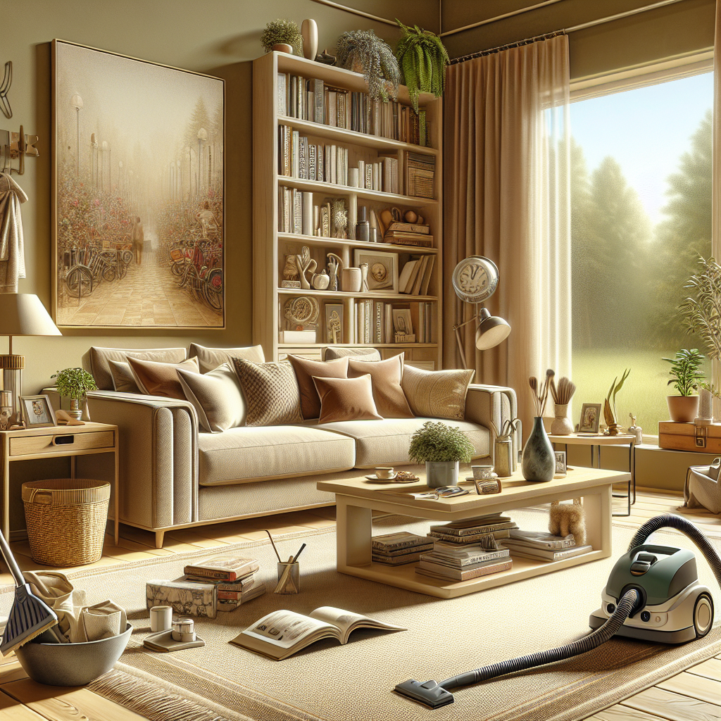 A modern living room representing house cleaning services with cleaning supplies visible.