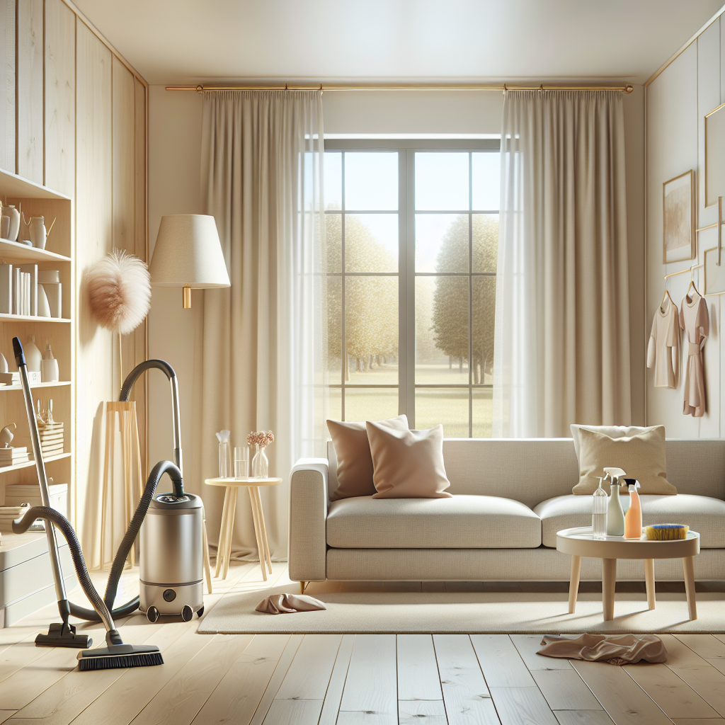 Interior of a clean living room showcasing house cleaning products.