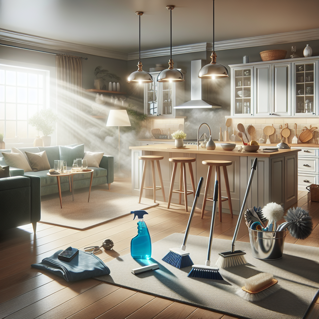 A scene depicting a pristine kitchen and living room representing deep cleaning services.