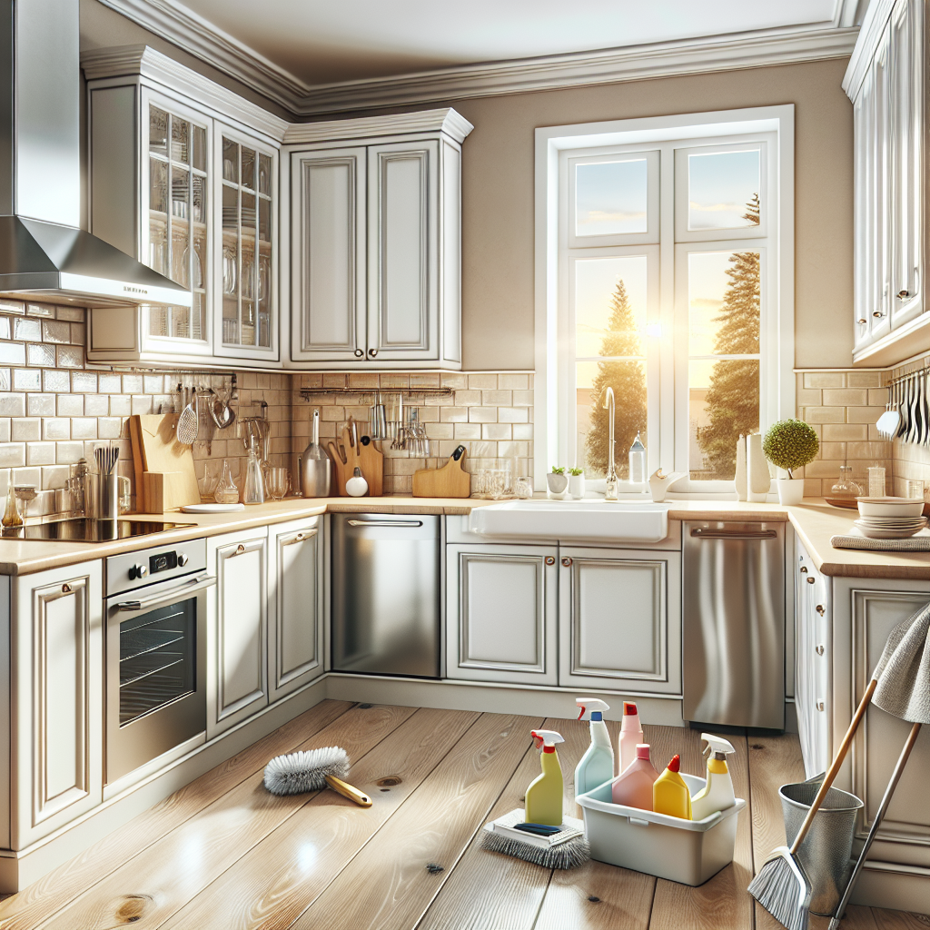 A clean and organized kitchen after deep cleaning, showcasing gleaming surfaces and sunlight.