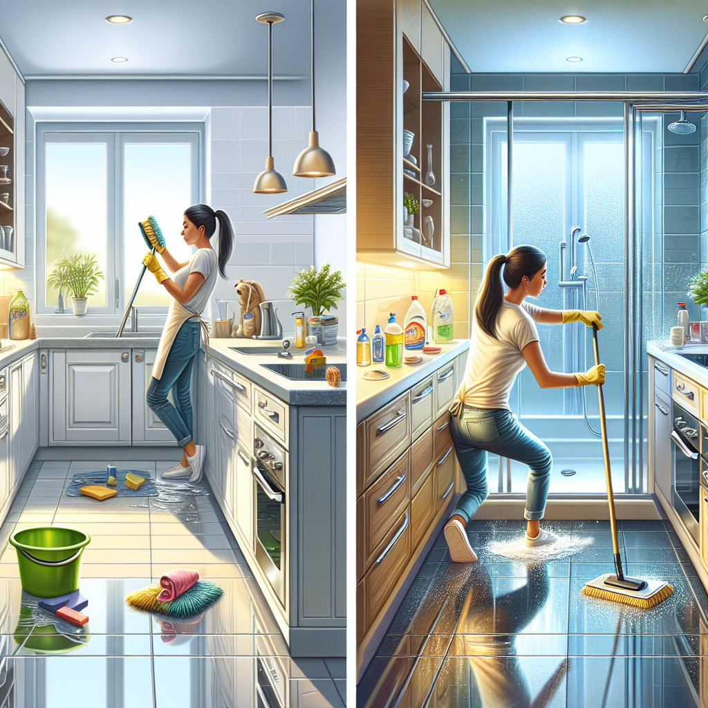 A deep cleaning scene illustrating a clean kitchen and bathroom.