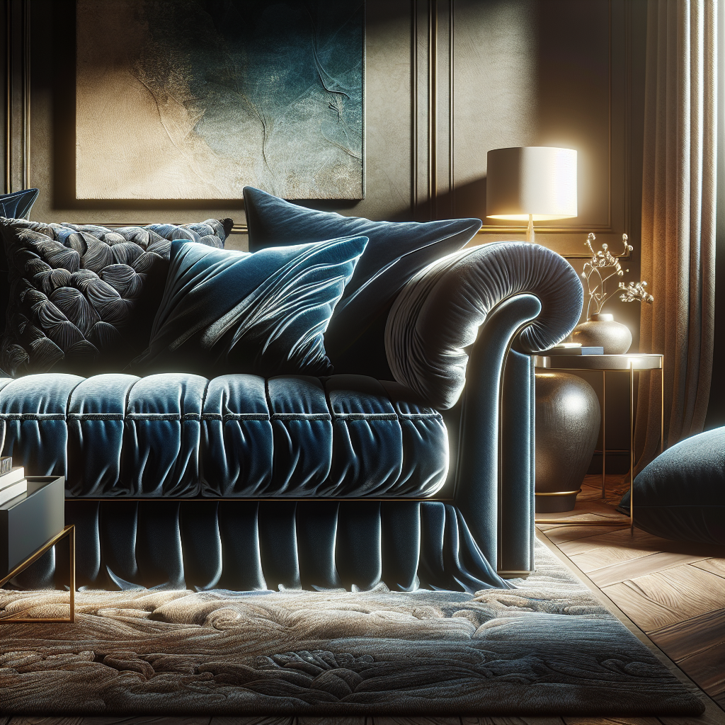 A luxurious blue velvet couch in a stylish living room.