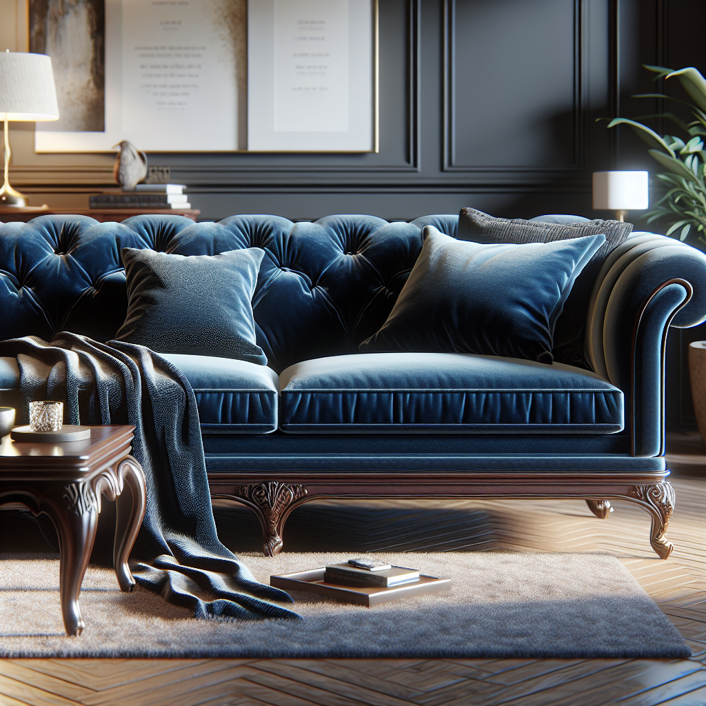 A luxurious blue velvet couch in a warmly lit living room.