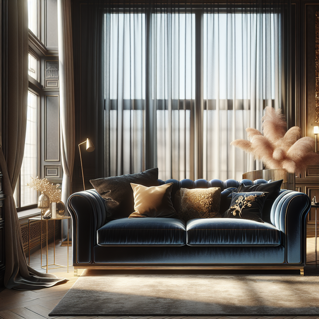 A luxurious navy blue velvet couch in an elegant living room with warm lighting.