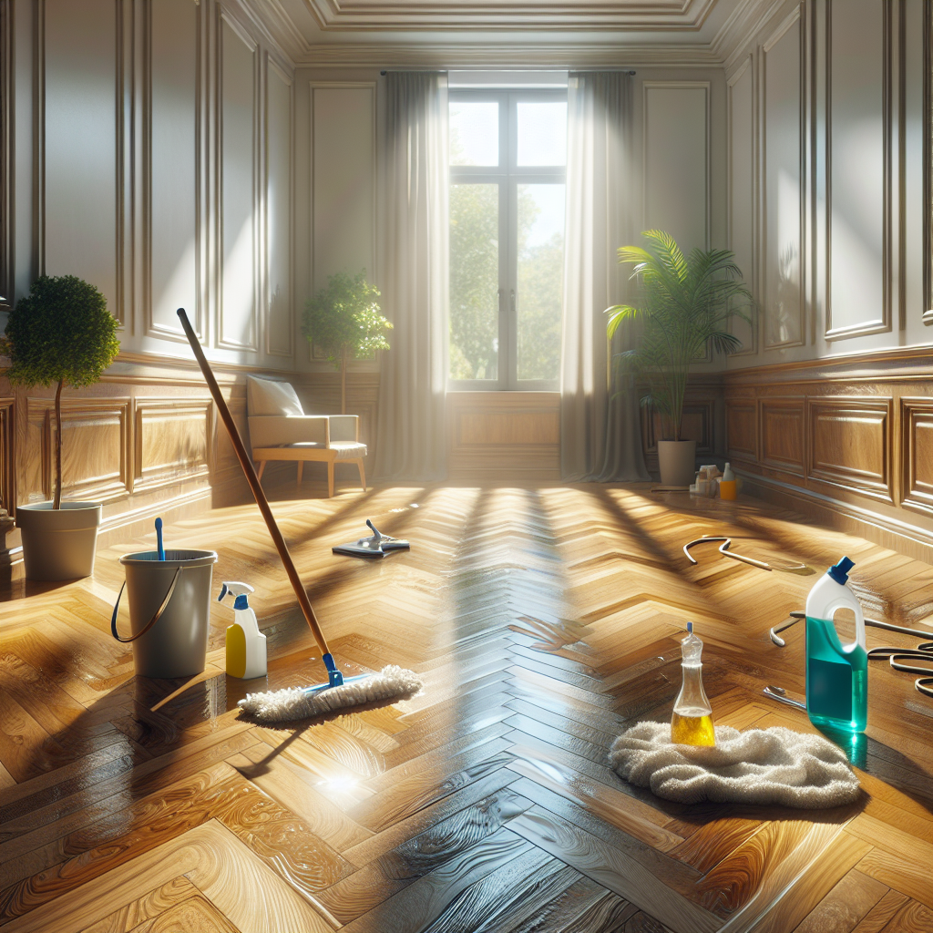 Scene of deep cleaning wooden floors in a sunny room.
