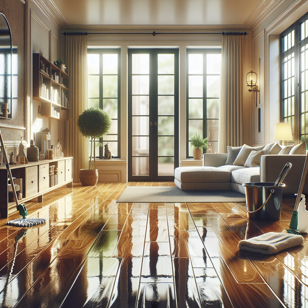 A living room with polished wooden floors and cleaning supplies for deep cleaning.