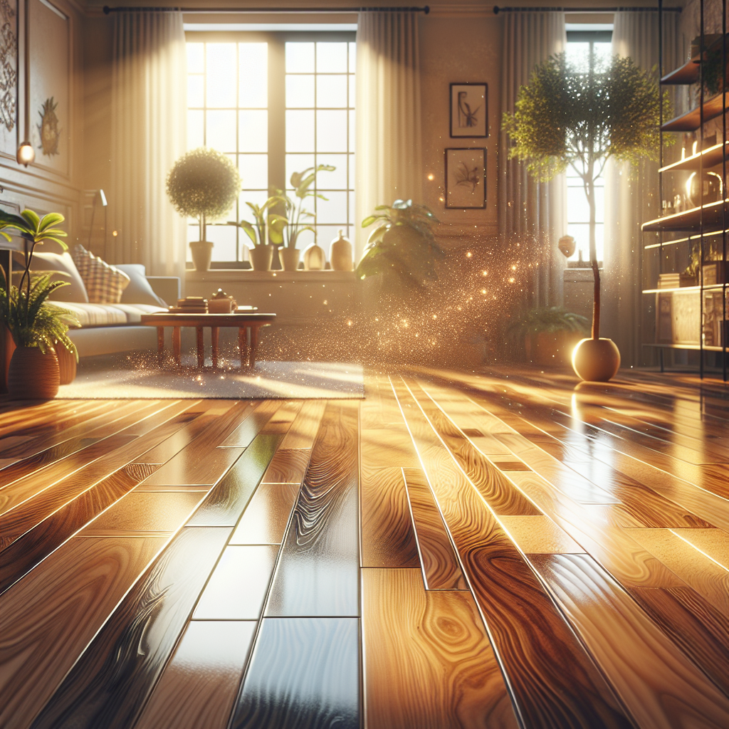 A pristine wooden floor in a well-lit room, reflecting warm light from a window.