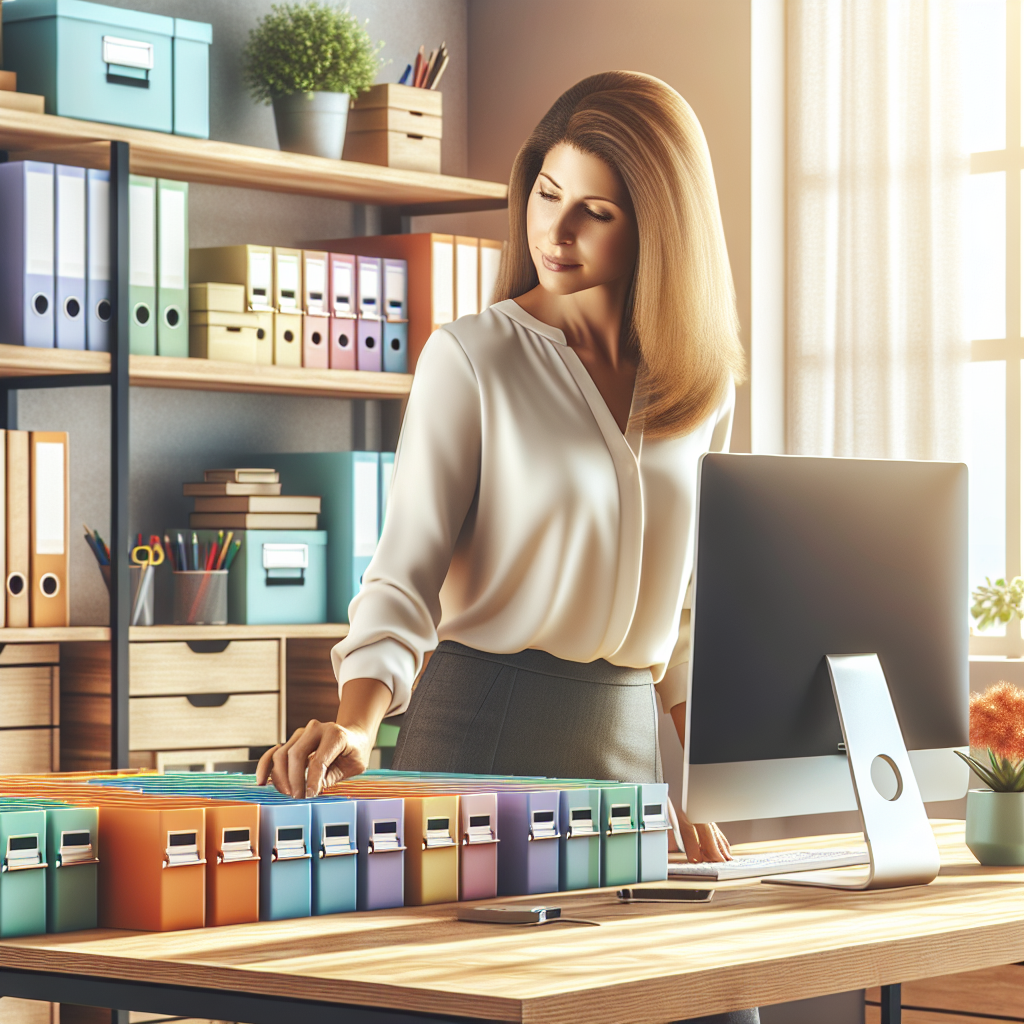 A professional organizer arranging items in a bright and organized home office.