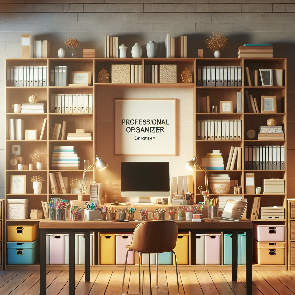 A well-organized workspace showing a wooden desk with planners and organizing bins.