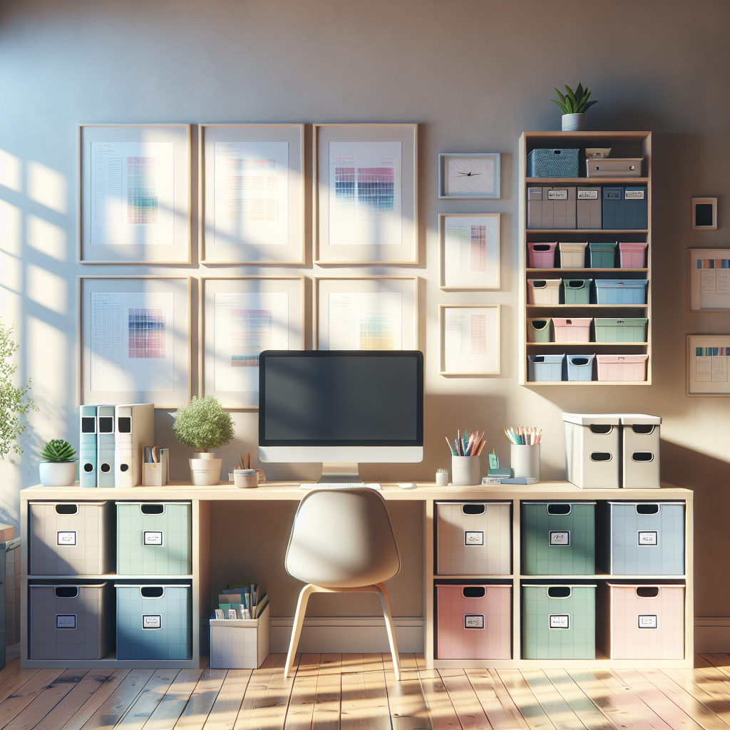 A detailed illustration of a professional organizer's workspace with organization tools, a computer, and colorful storage bins.