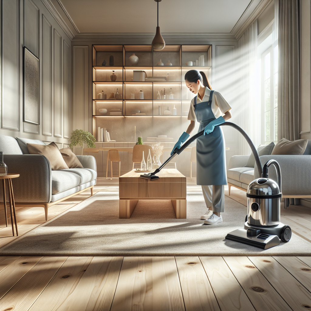 A professional cleaner dusting a coffee table in a bright living room.