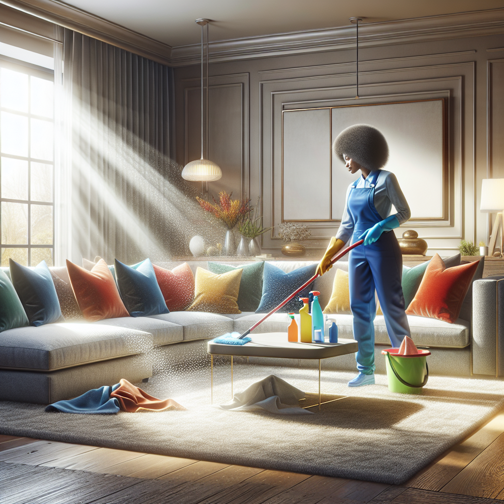 A woman cleaning a spacious living room with sunlight streaming through windows.