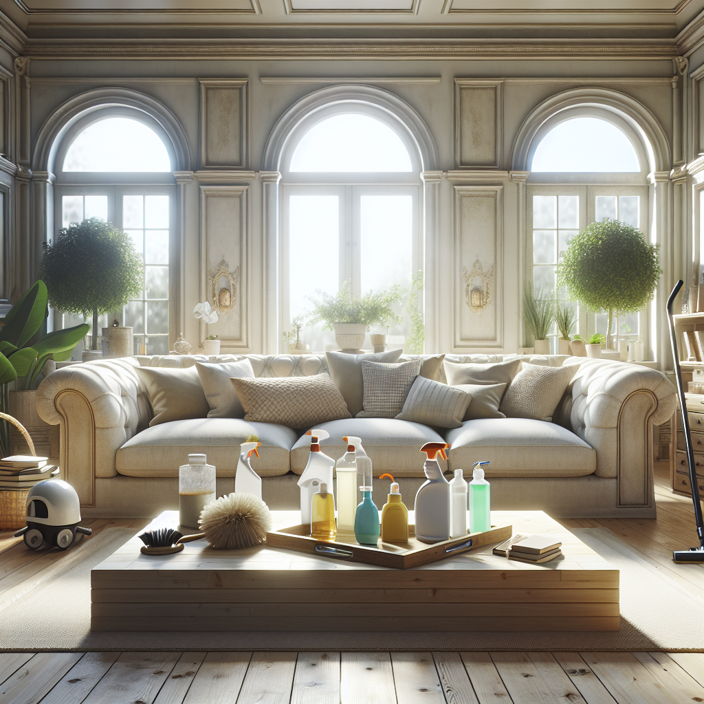 A serene living room depicting a deep cleaning service with cleaning supplies and natural light.