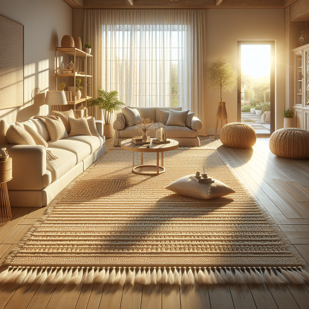 A deep-cleaned jute rug in a cozy living room with natural sunlight.