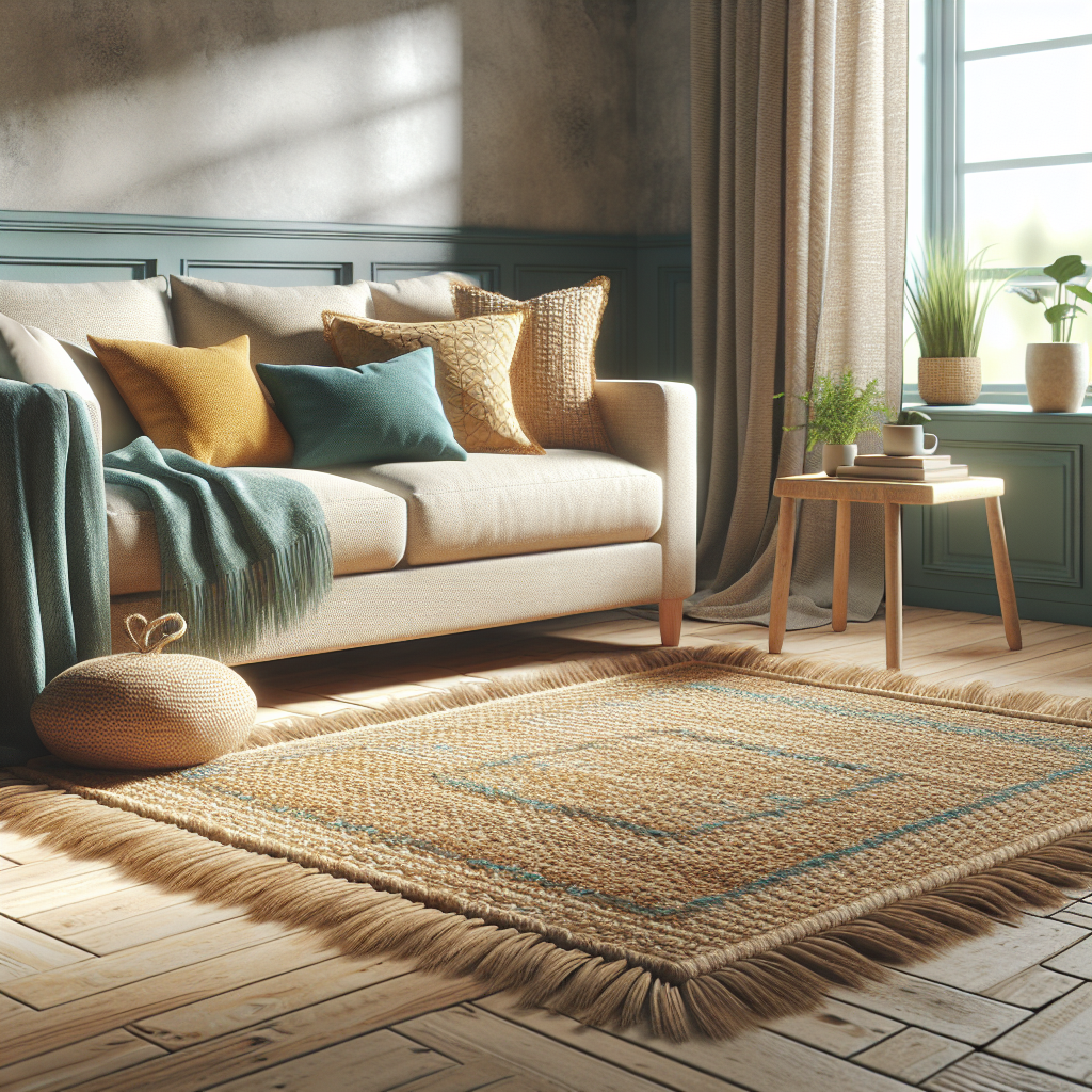 A cozy living room with a jute rug, colorful pillows, and natural lighting.