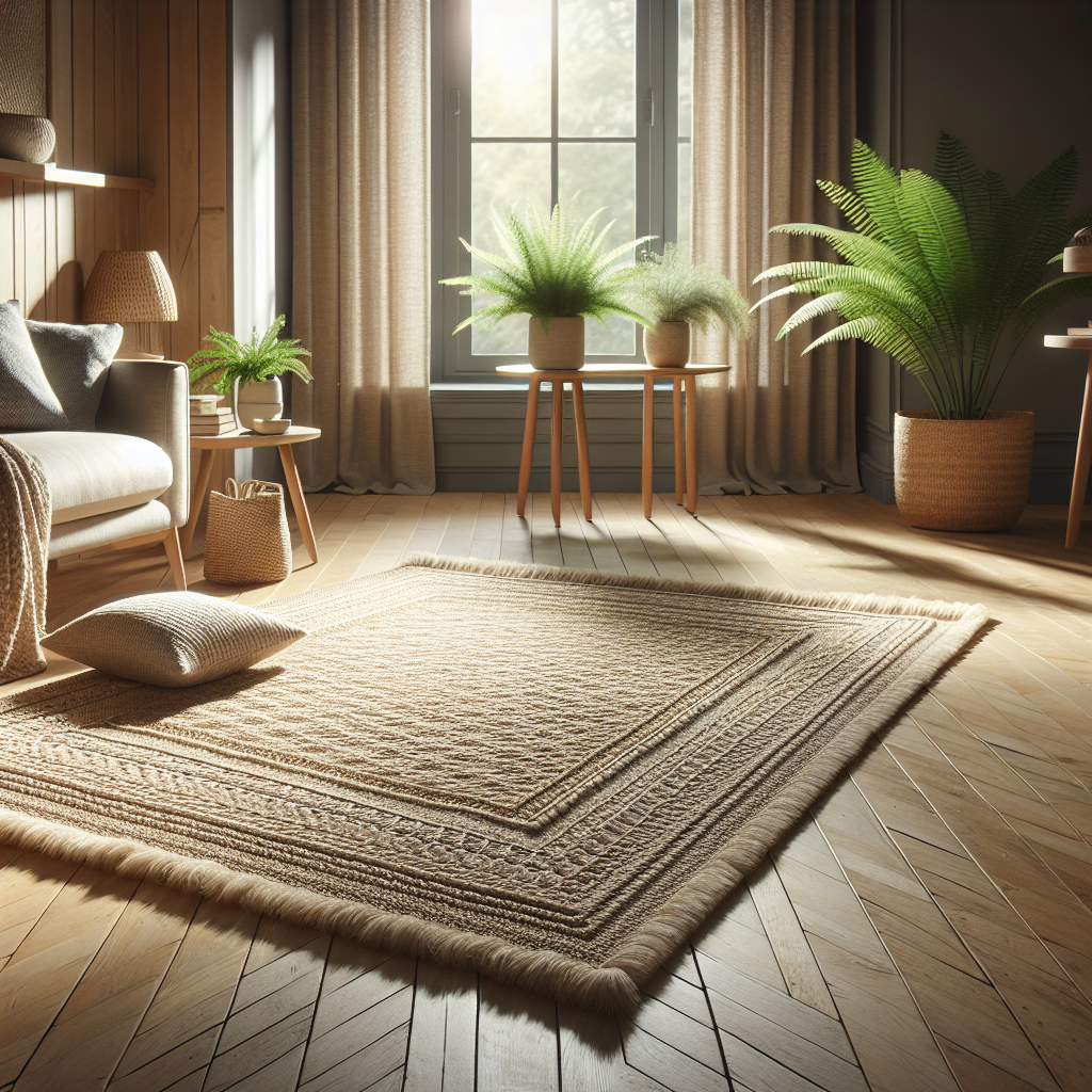 A cozy living room featuring a jute rug, plants, and natural light.