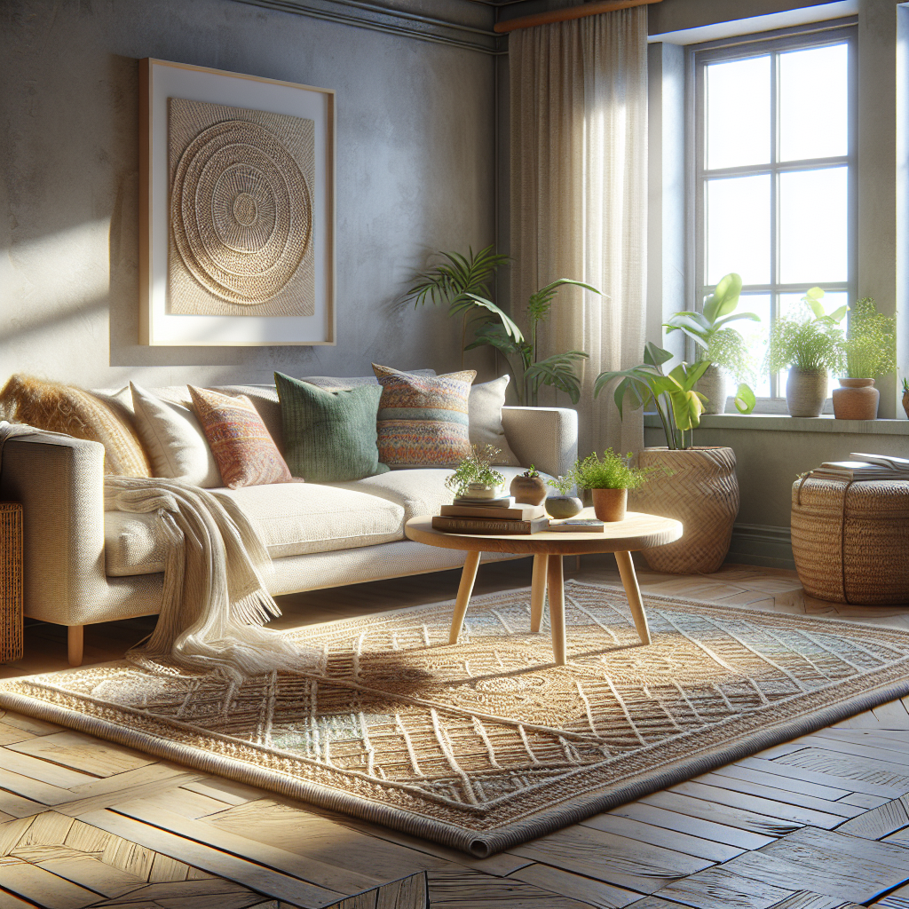 A cozy living room with a jute rug, sofa, and plants.