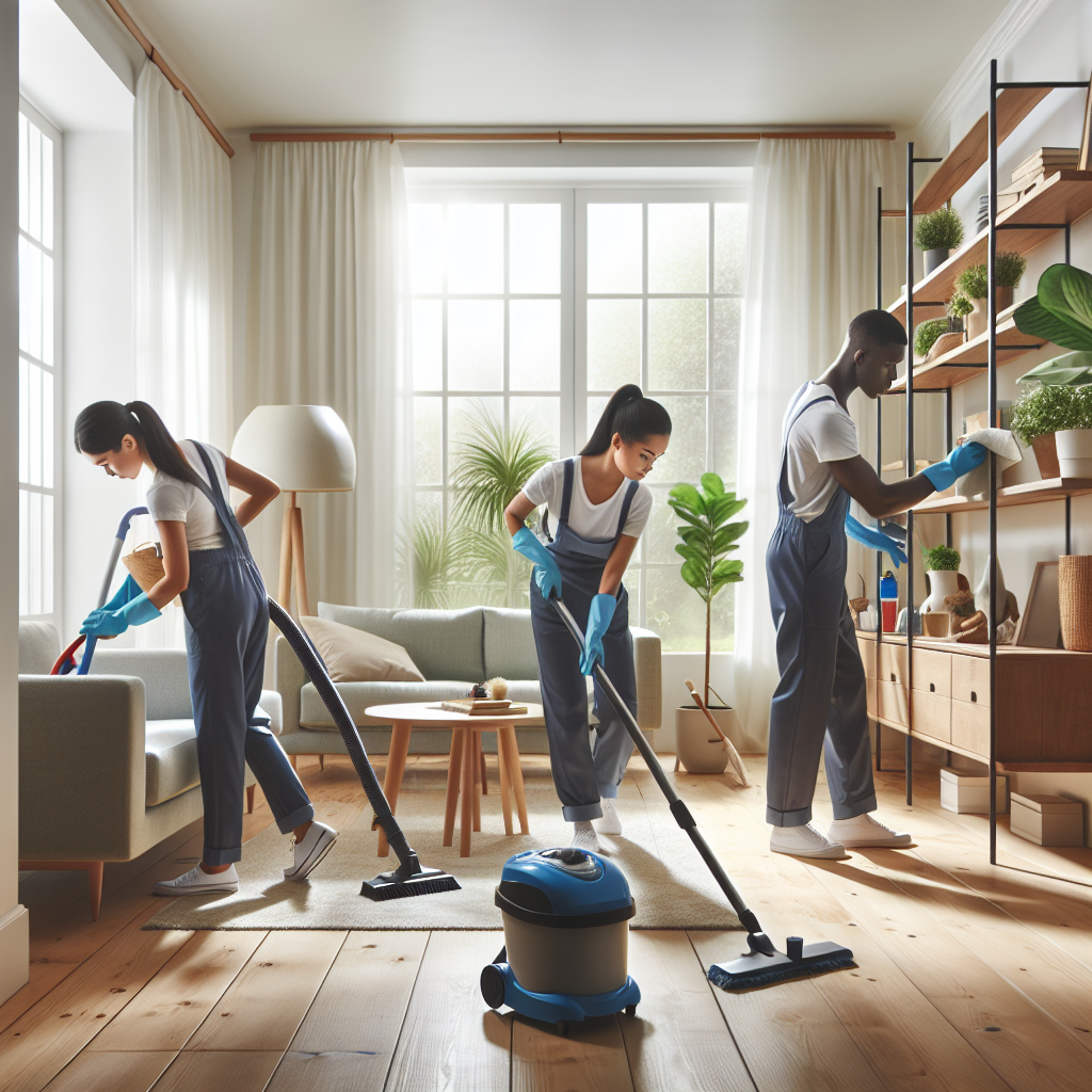 A deep cleaning service in action in a modern living room with diverse professional cleaners.