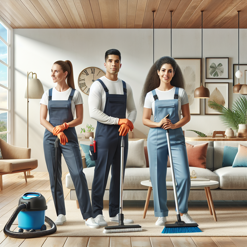 A cleaning team working together in a modern living room, deep cleaning the space.