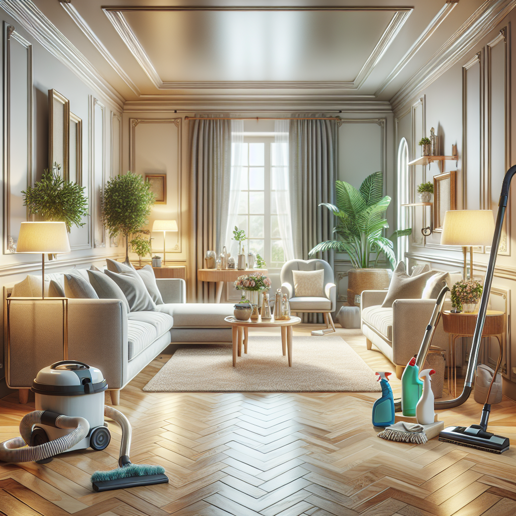 A clean and organized living room with deep cleaning elements.