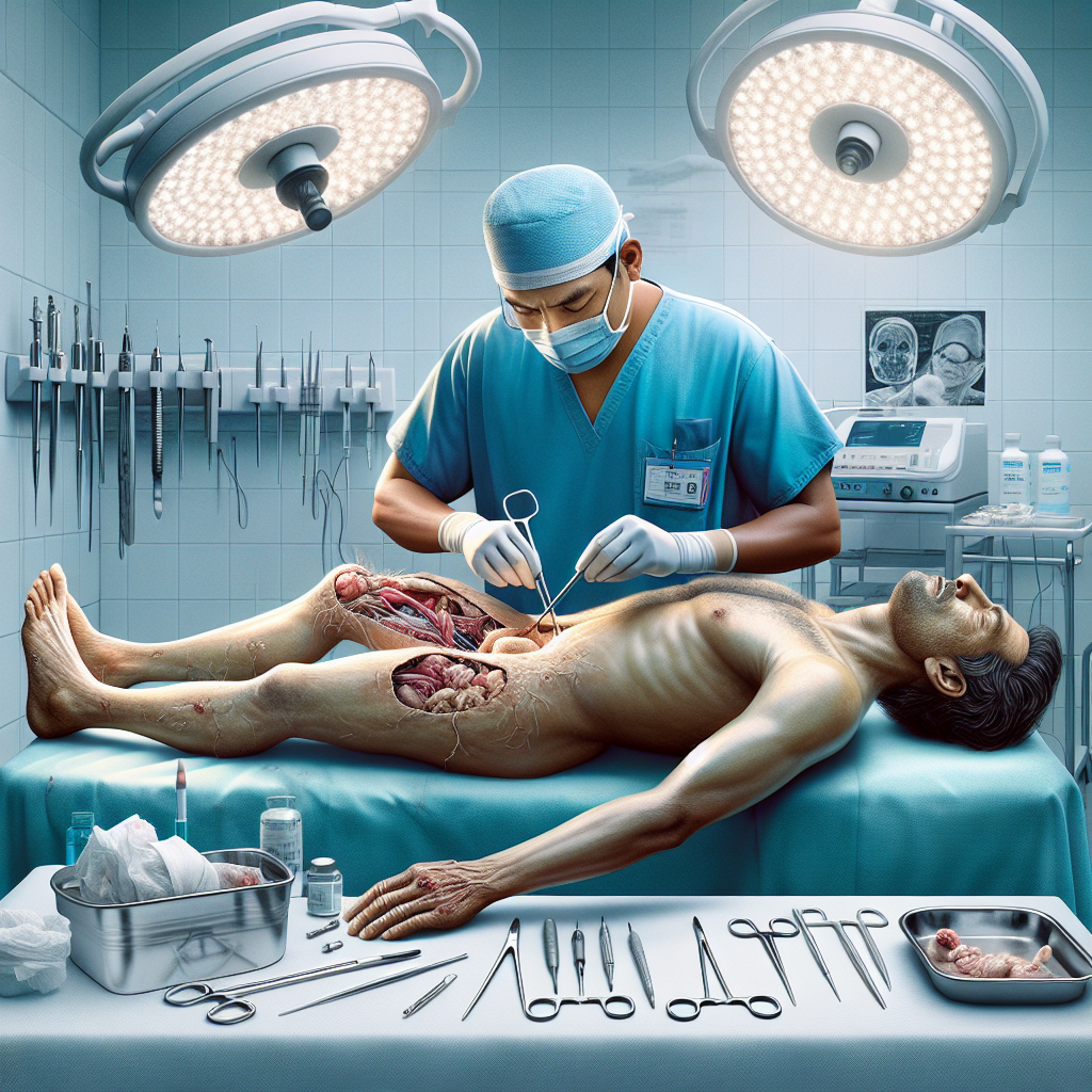 A medical professional performing debridement on a patient in a clinical setting.
