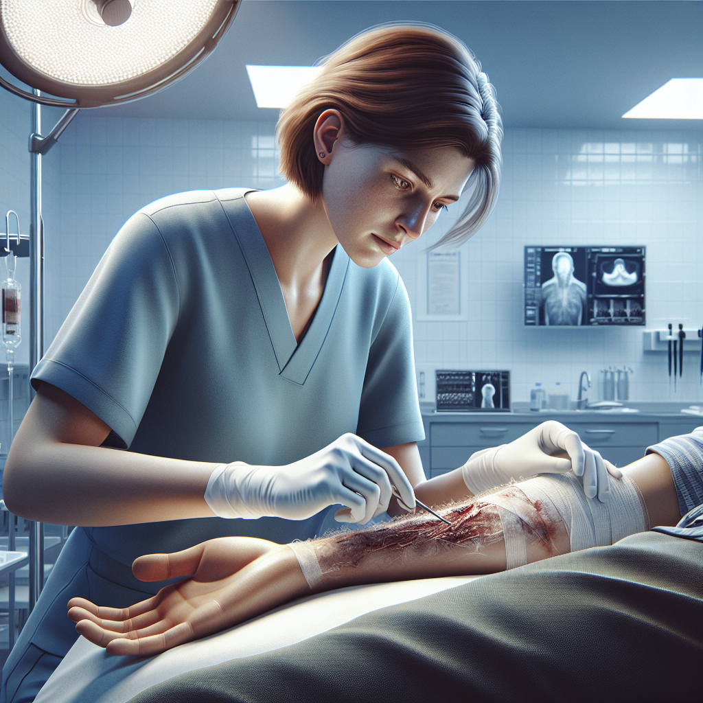 A medical professional performing a debridement procedure on a patient in a clinical setting.