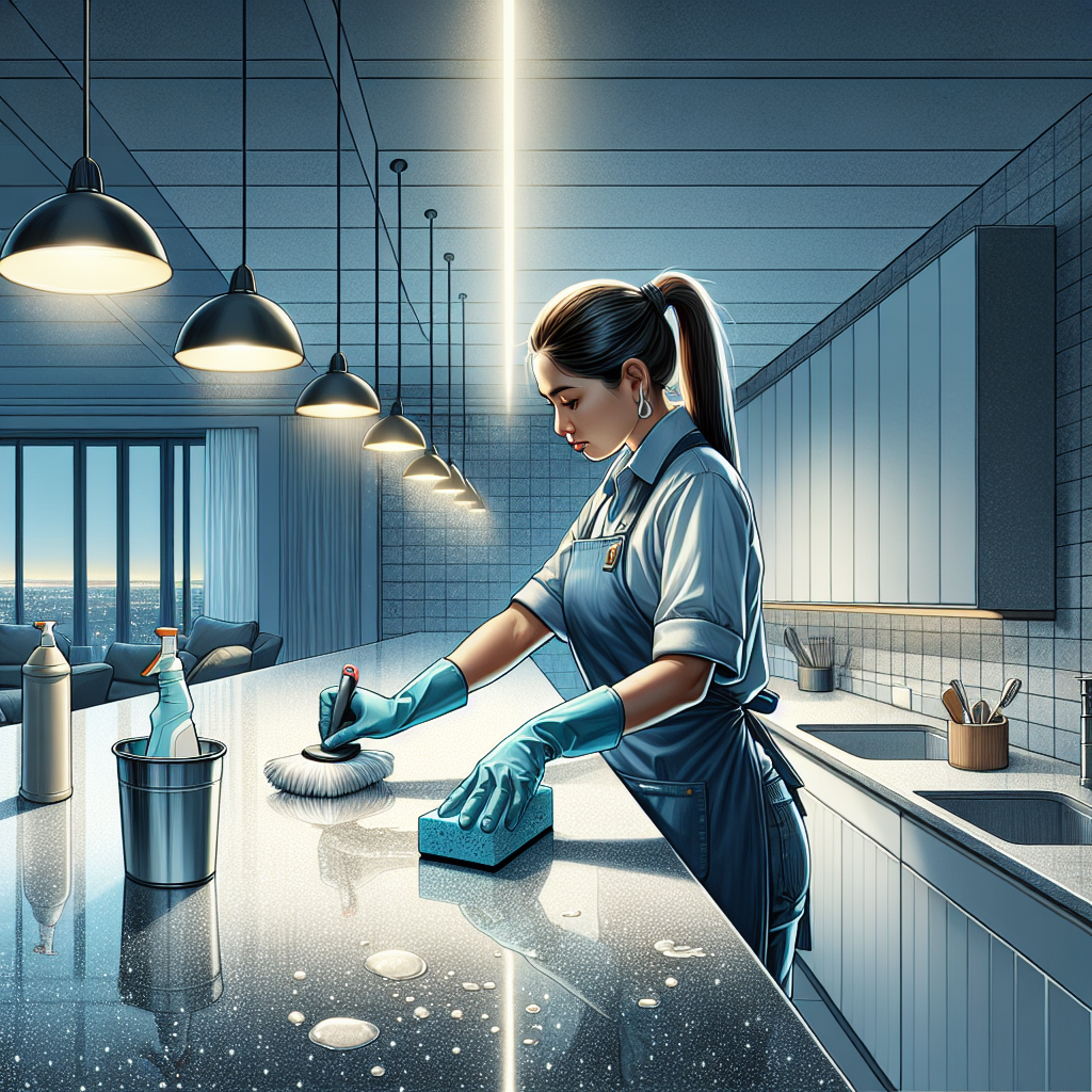 A cleaning professional in a modern kitchen demonstrating the concept of debridement.
