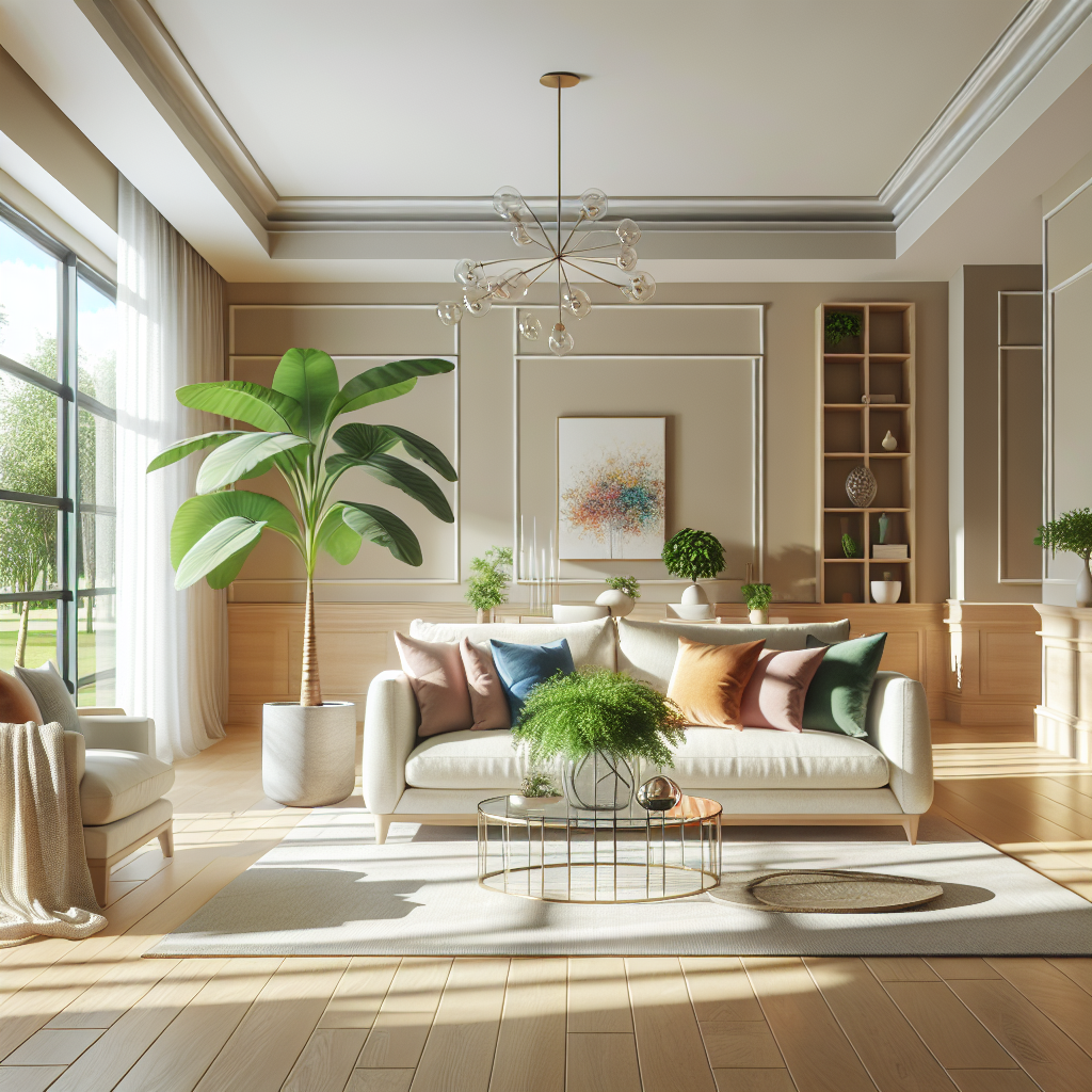 A clean and organized living room with a sofa, coffee table, and indoor plant.