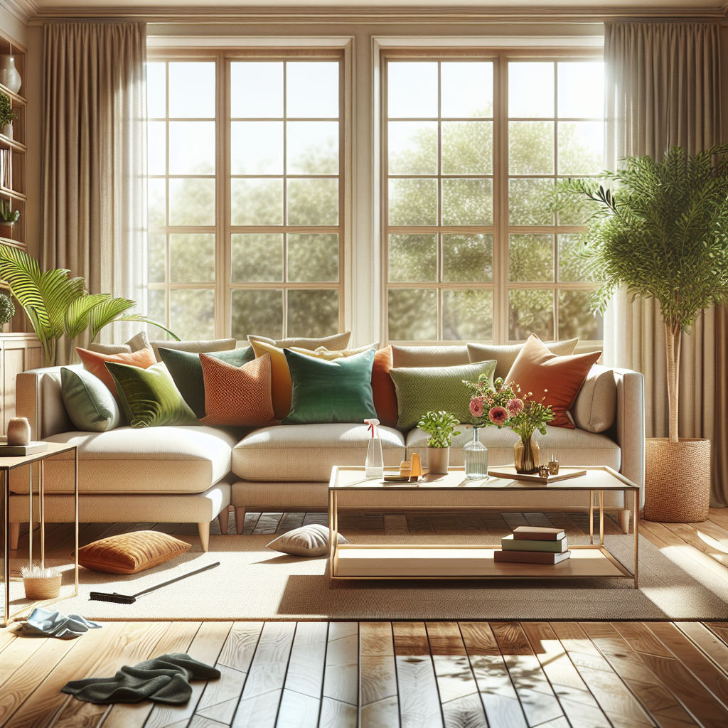 A sparkling clean living room with a plush sofa, wooden coffee table, and sunlight streaming through the windows.