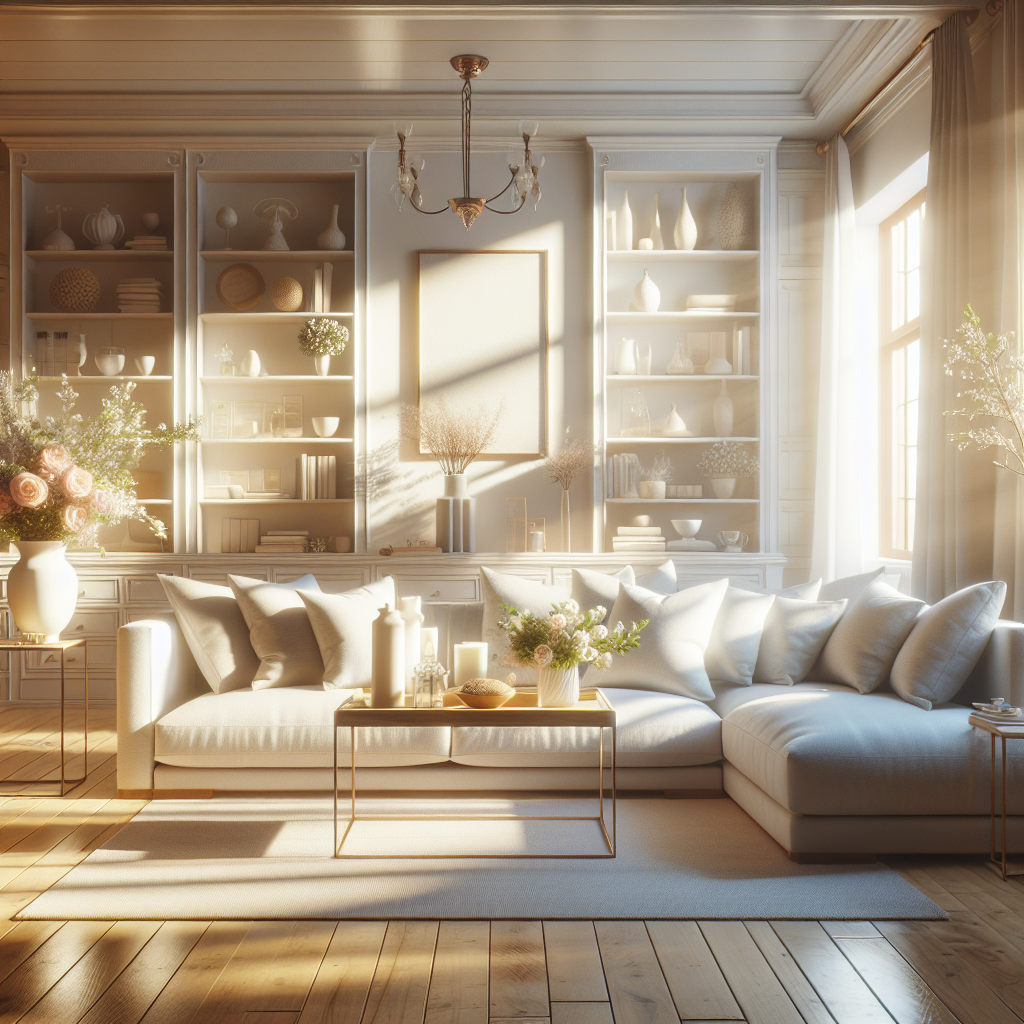 A clean and inviting living room with cozy furniture and sunlight streaming through windows.