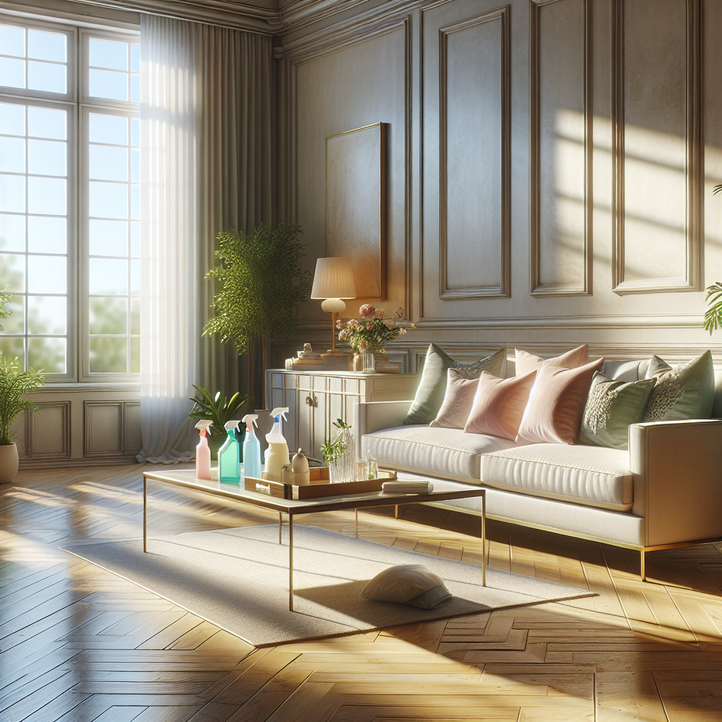 A clean and inviting living room with natural light, a plush sofa, and eco-friendly cleaning products.