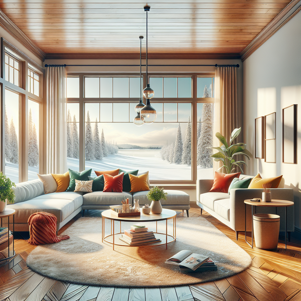 A clean and cozy living room with a view of snowy outdoors.