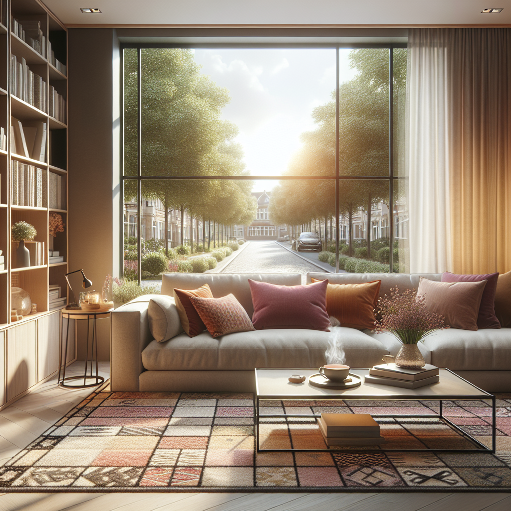 A cozy living room with a sofa, coffee table, and bookshelf.