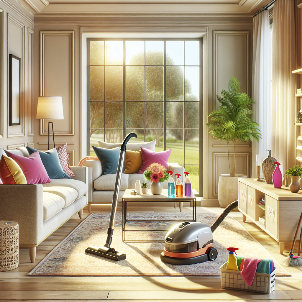 A modern living room with cleaning supplies on a coffee table.