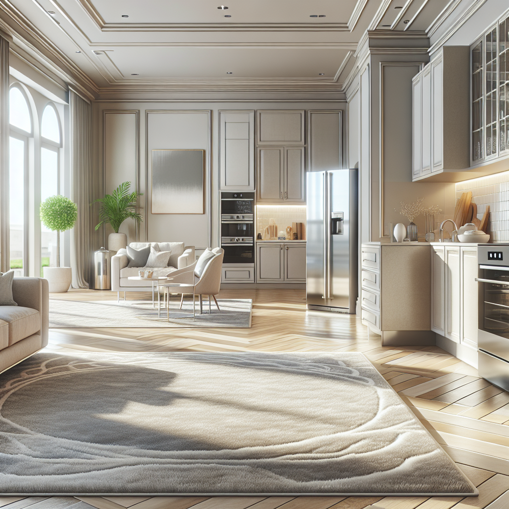 A clean living room showcasing the results of deep cleaning, featuring modern furniture and gleaming appliances.