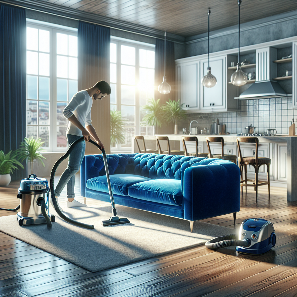 A scene showing a deep cleaning process in a living room with a person cleaning a blue sofa and a clean kitchen in the background.
