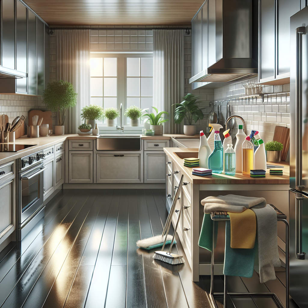 A modern kitchen scene illustrating deep cleaning with various cleaning tools.