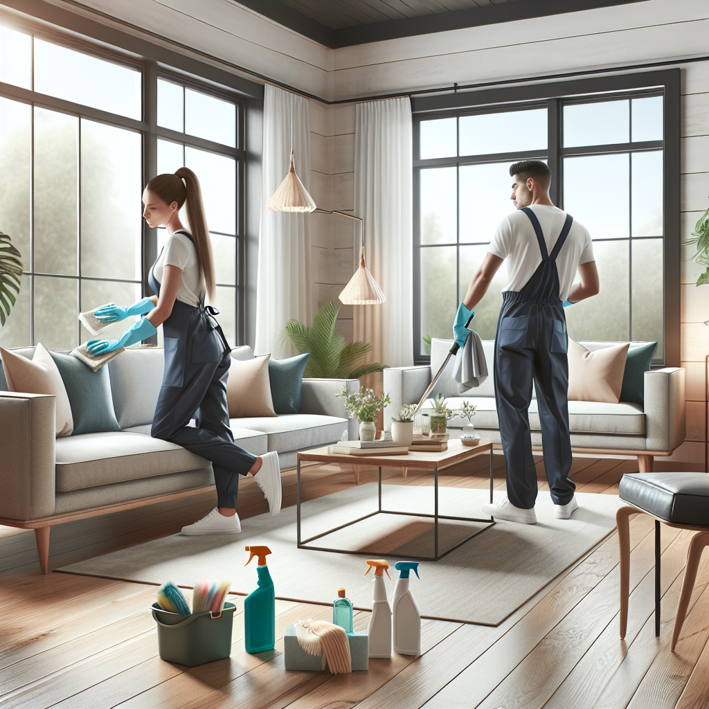 A professional house cleaning service in action in a modern living room.