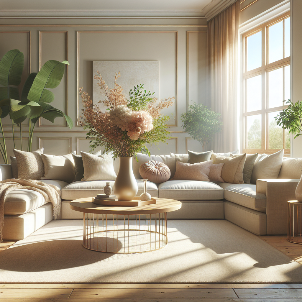A cozy and clean living room with a beige sofa, colorful cushions, and sunlight streaming through the windows.