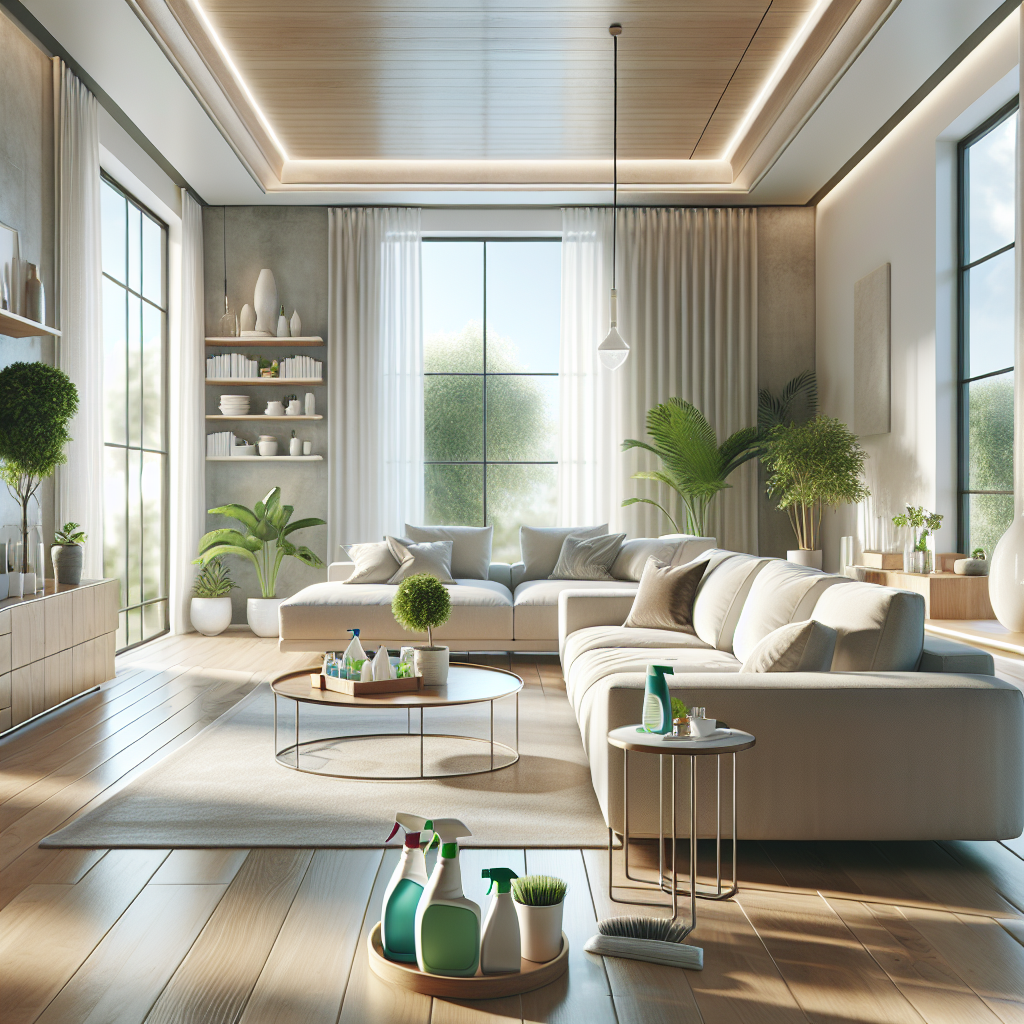A bright, organized living room showcasing cleanliness and comfort.