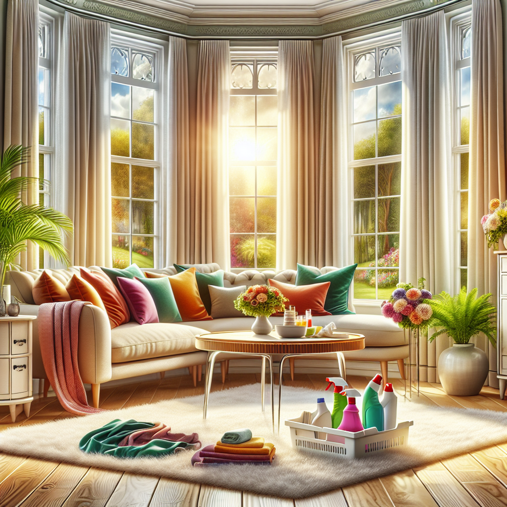 A clean and organized living room highlighting house cleaning services.