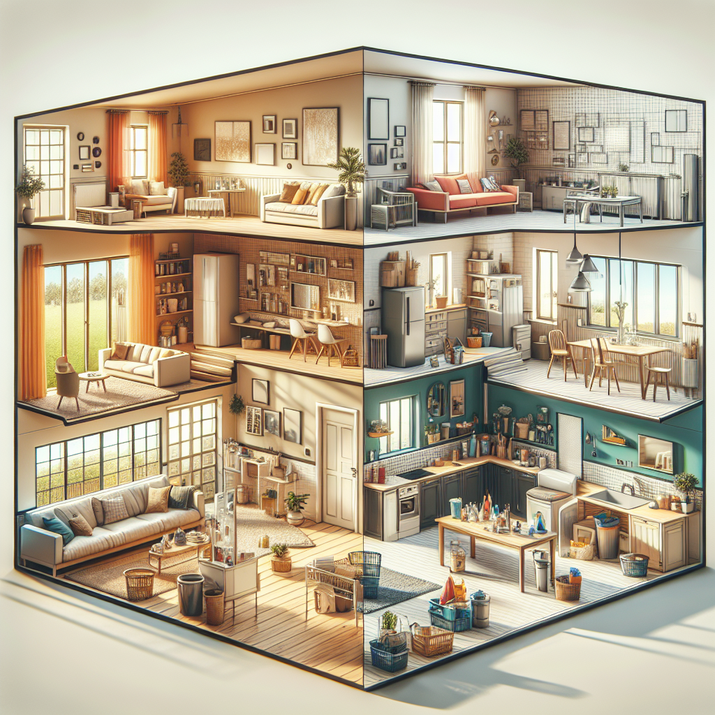 An illustration of different home interiors showing varying sizes and cleanliness levels.