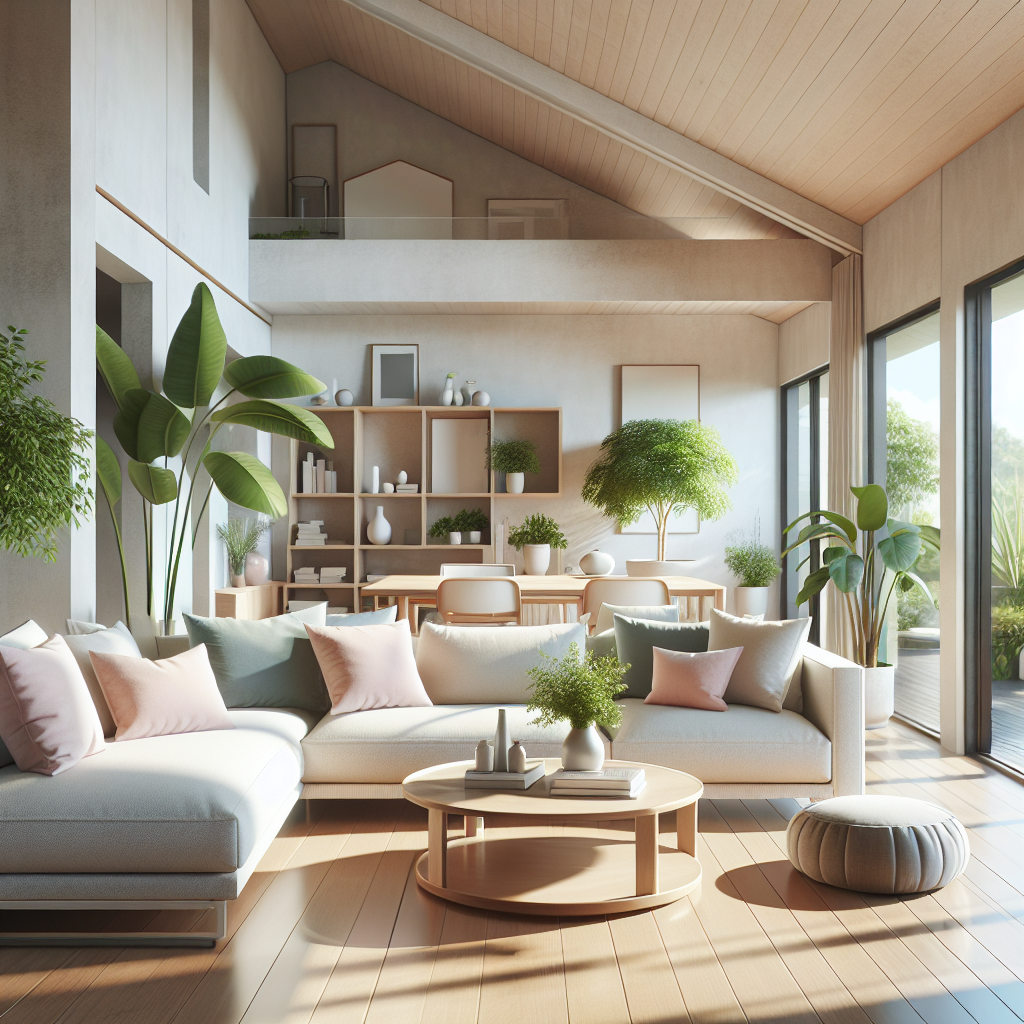 A clean and sunny living room with a cozy sofa and green plants.
