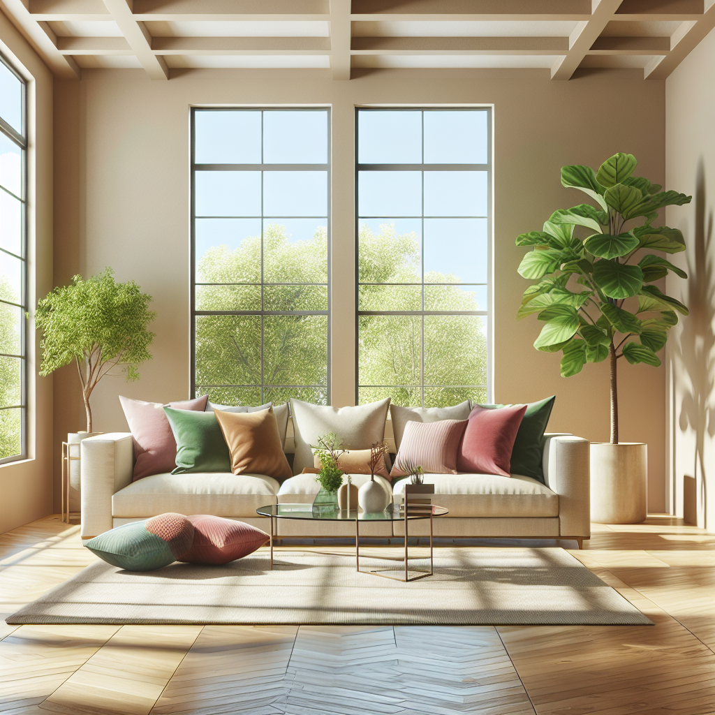 A modern living room with a beige sofa, glass coffee table, and indoor plants.