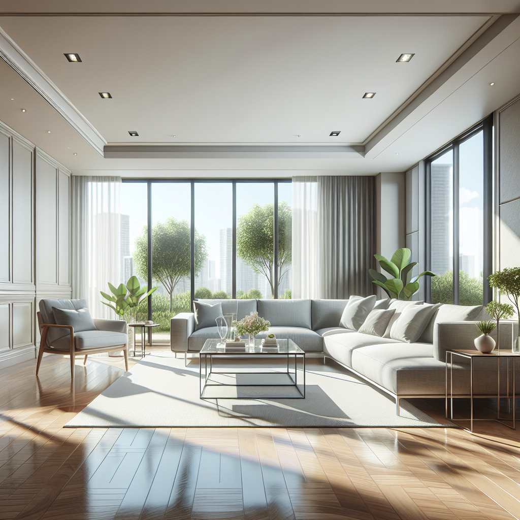 A clean and modern living room emphasizing the importance of cleaning and disinfecting services.