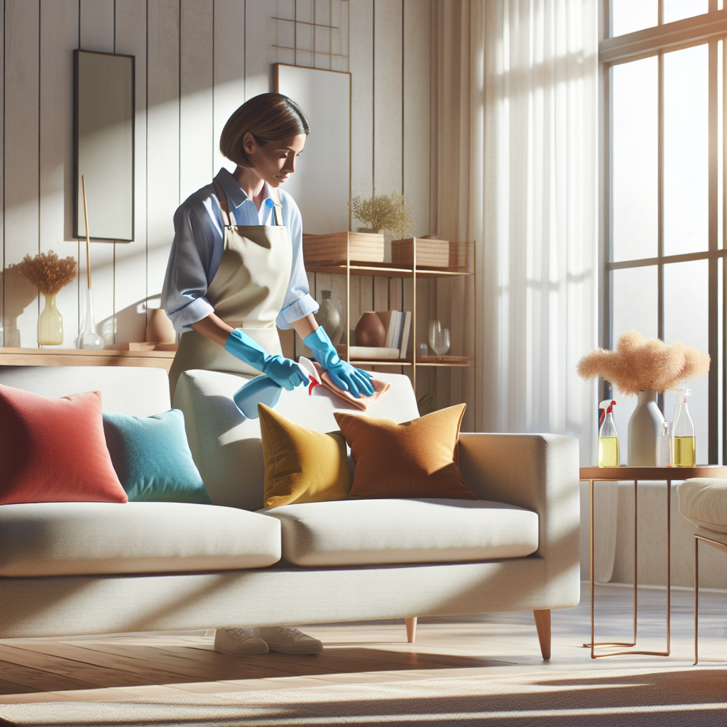 A cleaning service worker in a clean living room, emphasizing cleanliness and health.