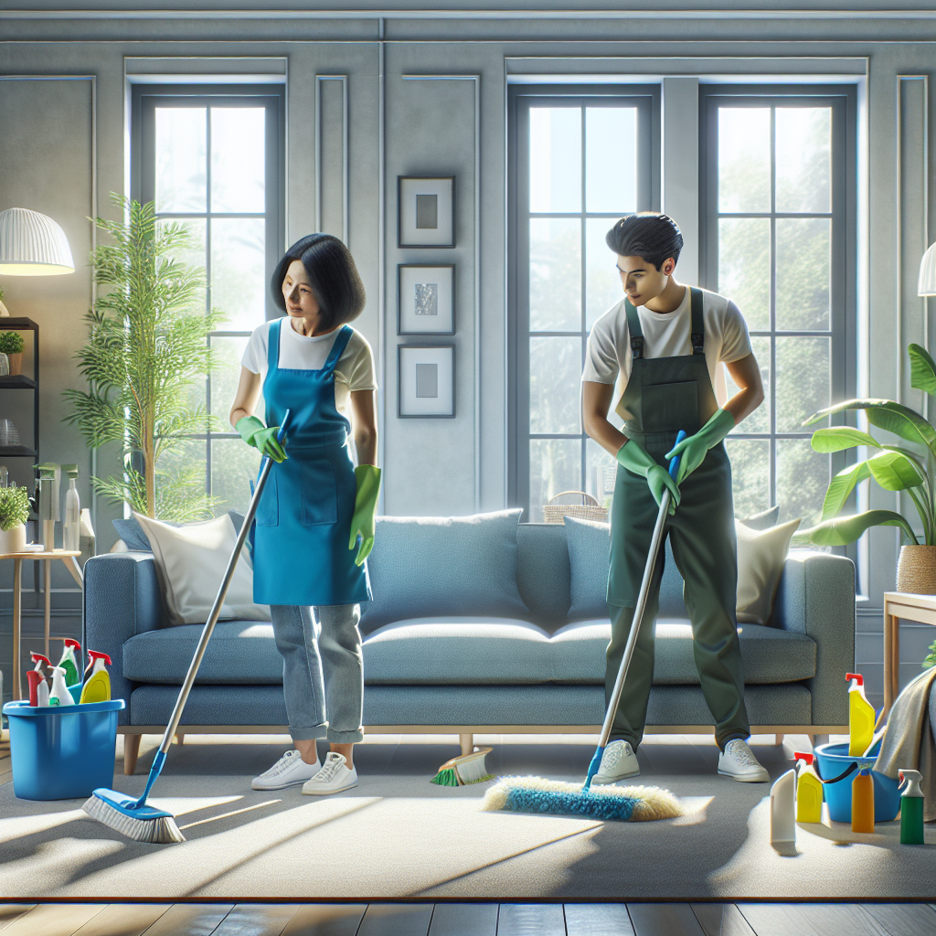 House cleaning service team at work in a bright living room.