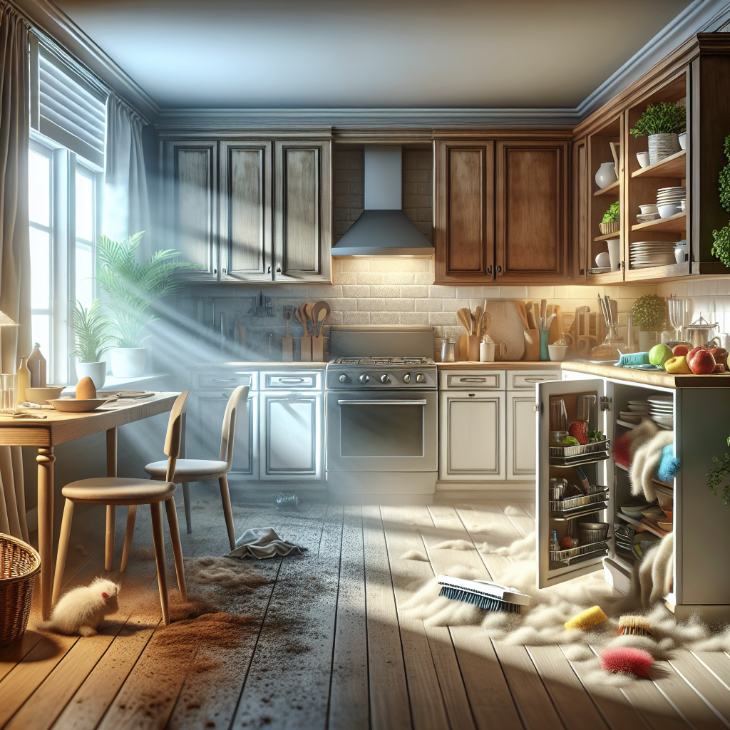 A kitchen demonstrating the need for deep cleaning, highlighting dust and clutter in neglected areas.