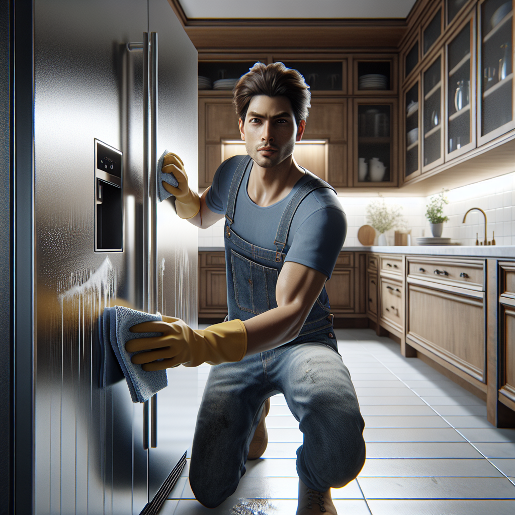 A person cleaning behind a refrigerator in a bright kitchen.